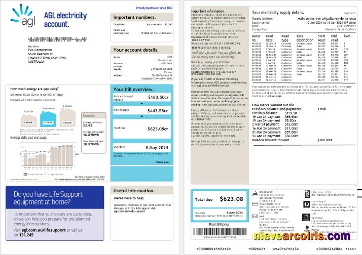Australia AGL electricity account energy business utility bill, 3 pages, version 2